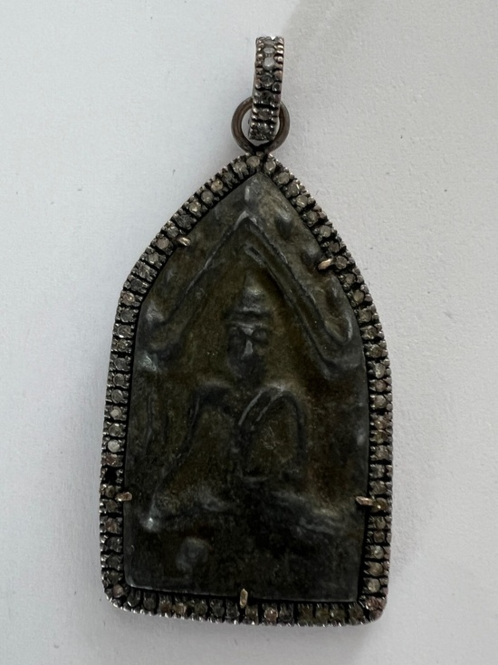 The Woods Fine Jewelry - Buddha pendant with pave border and clasp- 2.75“ long
